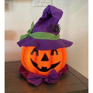Halloween Pumpkin Blow Mold Illuminated Decoration With Purple Witch Hat